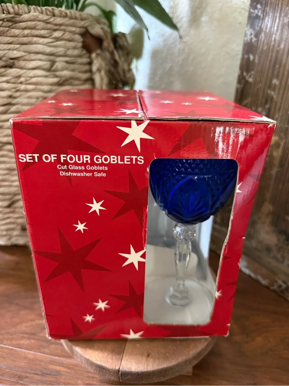 NIB Cristal D'Arques Sapphire Blue Antique Water Wine Goblet Set of 4